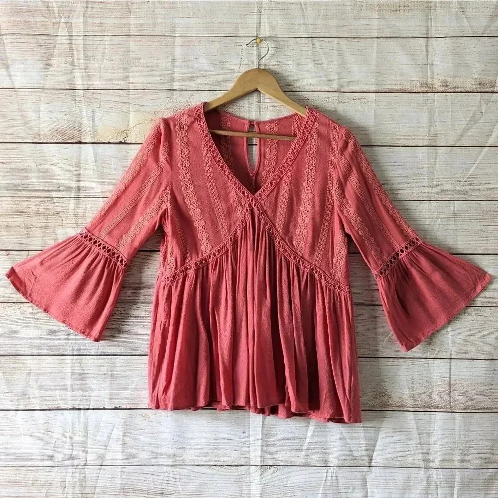 Embroidered Boho Floral Flowy Bell Sleeve Blouse